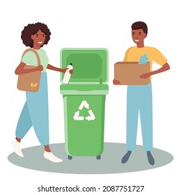 Set of happy men and women sorting and recycling and reuse the garbage. Zero waste concept. Bundle of cute funny people putting rubbish in trash bins, dumpsters or containers. Flat vector illustration