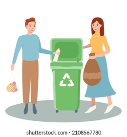 Set of happy men and women sorting and recycling and reuse the garbage. Zero waste concept. Bundle of cute funny people putting rubbish in trash bins, dumpsters or containers. Flat vector illustration