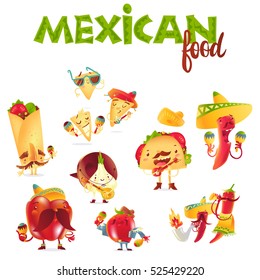 Set of happy Mexican food characters playing musical instruments, cartoon vector illustration isolated on white background. Mexican food characters, mascots in traditional clothes playing music