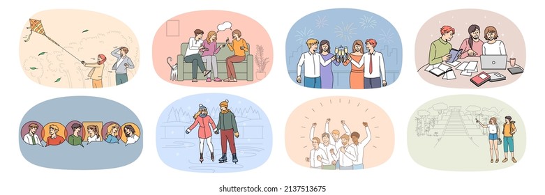 Set of happy millennial friends students enjoy college life study and relax together. Collection of smiling young people have fun communicate rest on weekend. Campus friendship. Vector illustration. 