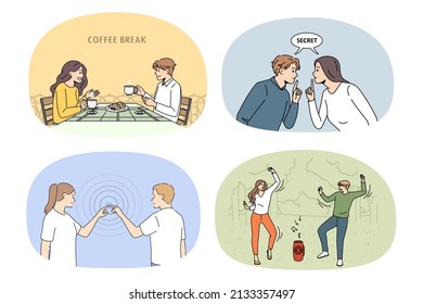 Set of happy millennial man and woman dating relaxing having fun together. Collection of smiling couple enjoy leisure weekend rest and talk. Friendship and relationship. Vector illustration. 