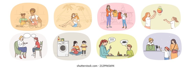 Set of happy mom have fun enjoy leisure weekend with little kid. Collection of smiling loving mother relax and play, spend time with teen child. Motherhood and upbringing. Vector illustration.