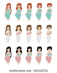 Set of happy mom and her baby. Pregnant woman vector