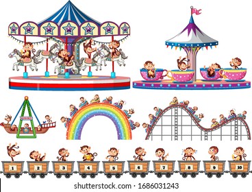 Set of happy monkeys riding on different rides in the circus illustration