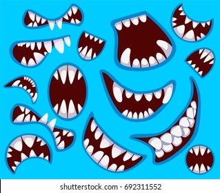 Set of happy monster's mouth in different poses. Mouth, teeth, tongue and lips isolated on the blue background.