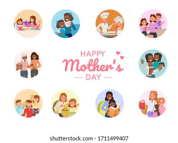 Set of Happy mother and daughter character vector design for Mother's Day concept. Presentation in various action with emotions, running, standing and walking. no2