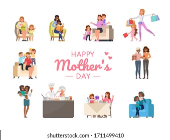 Set of Happy mother and daughter character vector design for Mother's Day concept. Presentation in various action with emotions, running, standing and walking.