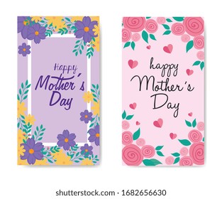 set of happy mother day cards with flowers and leafs decoration vector illustration design