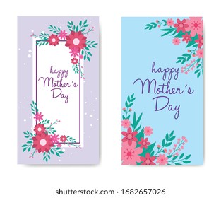 set of happy mother day cards with flowers and leafs decoration vector illustration design