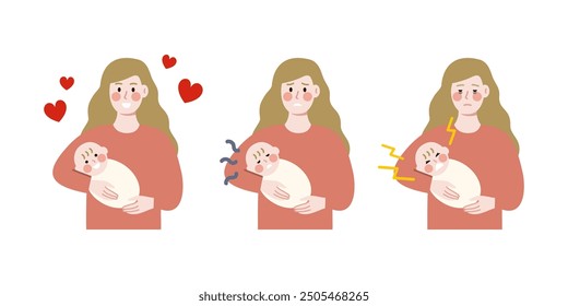 Set of happy mother holding newborn baby. Tired sad mum taking care crying child. Motherhood, mental health, parenting concept. Flat character design illustration.