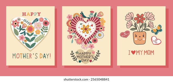 Set of Happy mother s day or Happy Womens Day greeting card with cute design with illustrations and text. Vector  template Colorful hand drawn illustrations for social media post, banner design