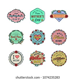 set of happy mothers day badges. greeting cards with blossom flowers. vector Illustration