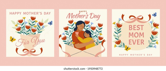 Set of Happy Mother's Day card template. Layout designed in warm doodle style. Background also suitable for birthday or women's day.