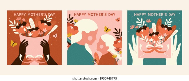 Set of Happy Mother's Day card template. Layout designed in retro minimal style. Background also suitable for birthday or women's day.