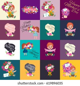 Set of Happy mothers day cards with greeting text and kids, baby boy and girl with bouqkuet of flowers in flat style, lettering mom celebration poster background design vector illustration