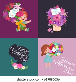 Set of Happy mothers day cards with greeting text and kids, baby boy and girl with bouqkuet of flowers in flat style, lettering mom celebration poster background design vector illustration