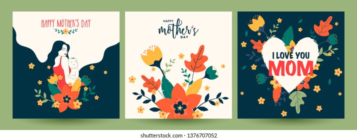 Set of Happy Mother's Day celebration greeting card design decorated with flowers in flat style.