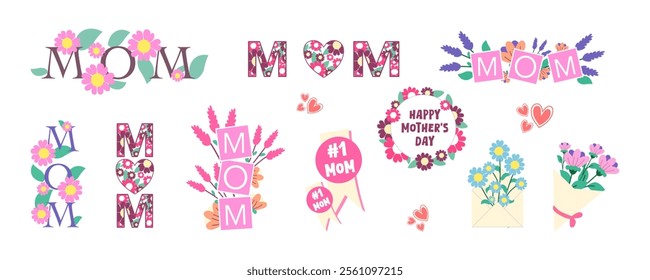 Set of Happy Mother's Day Design Ideas with Text Frames, flowers, heart, bouquet, Borders, and creative decorations isolated on a white background. Editable vector illustration.