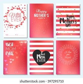 Set of Happy mothers day design elements and card. Vector illustration invitation, menu, flyer, template. Pink, red Background With Ornaments, hearts. Best mom ever. Love.