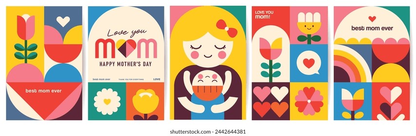 Set of Happy Mother's Day flat vector illustration in geometry style. Mom with child, flowers and abstract geometric shapes.