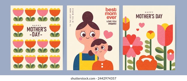 Conjunto de ilustración vectorial plana del día de la madre feliz en estilo de la geometría. Mamá con niño, flores y formas geométricas abstractas.