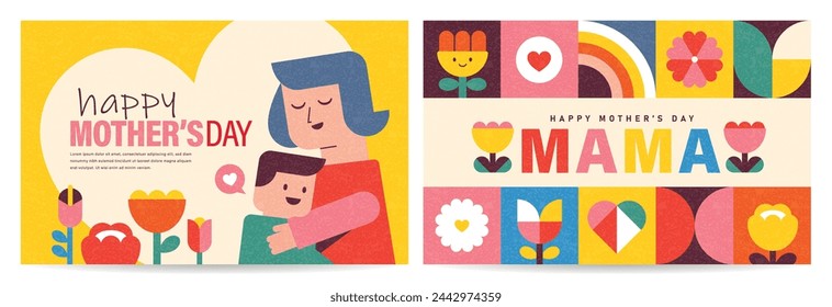 Set of Happy Mother's Day flat vector illustration in geometry style. Mom with child, flowers and abstract geometric shapes.