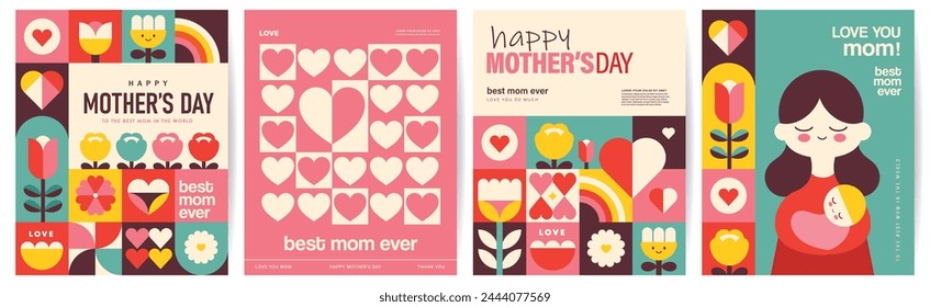 Set of Happy Mother's Day flat vector illustration in geometry style. Mom with child, flowers and abstract geometric shapes.