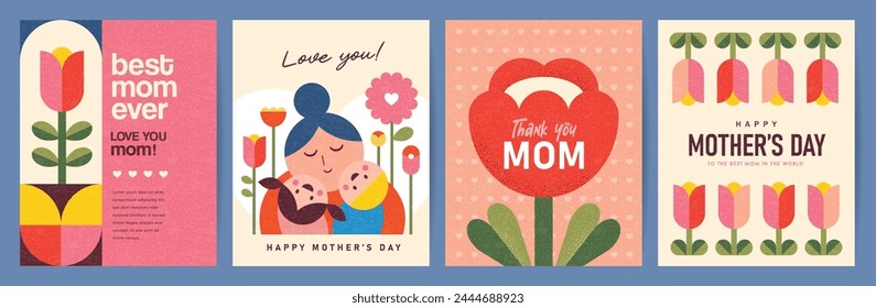 Conjunto de Ilustración vectorial plana Feliz Día de la Madre en estilo de geometría. Mamá con niño, flores y Formas geométricas abstractas.