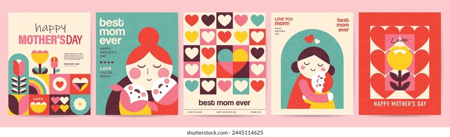 Set von Happy Mother's Day flache Vektorillustration im Geometriestil. Mama mit Kind, Blumen und abstrakten geometrischen Formen.