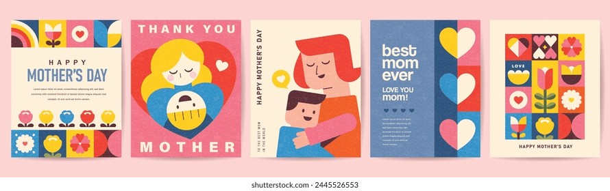 Set of Happy Mother's Day flat vector illustration in geometry style. Mom with child, flowers and abstract geometric shapes.