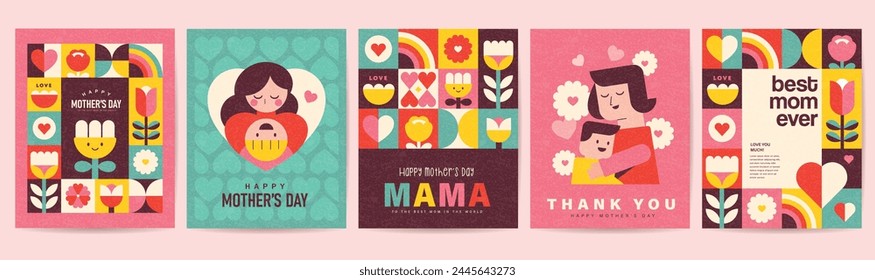 Set of Happy Mother's Day flat vector illustration in geometry style. Mom with child, flowers and abstract geometric shapes.