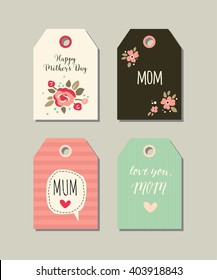 Set of Happy Mother's day gift tags. Collection of vector templates for  scrapbooking, journaling, congratulations and gifts. Illustrations of  flowers and hearts. Pastel colors.