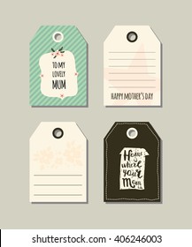 Set of Happy Mother's day gift tags. Collection of vector templates for  scrapbooking, journaling, congratulations and gifts. Illustrations of the house, star, frame and flowers. Pastel colors.