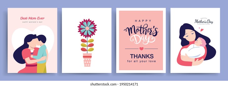 Set of Happy Mother's Day greeting cards. Vector illustration of flowers, mother, baby, son and typography design.