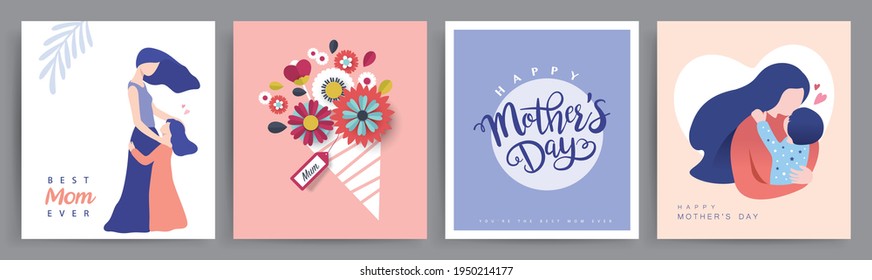 Set of Happy Mother's Day greeting cards. Vector illustration of flowers, mother, son, daughter and typography design.