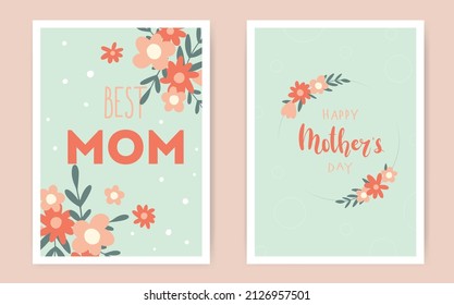 Set of Happy Mother's Day greeting card. Hand drawn abstract flowers and leaves. Trandy Vector illustrations for a cute cover, poster, banner or card for the holiday moms