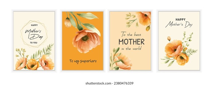 Set of Happy Mother's Day greeting cards with yellow poppies. Elegant realistic Mother's Day cards. Happy Mother's Day inscription in floral frame