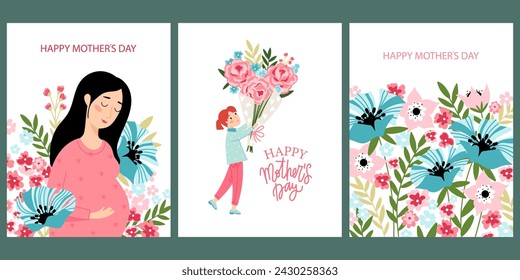 Set of Happy Mother's Day greeting card in different designs. Happy pregnant young woman, girl with a bouquet of flowers and floral background with text.