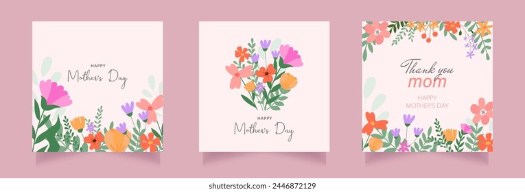 Set of Happy Mother's Day greeting cards with beautiful colorful flowers. Editable vector template for greeting card, poster, banner, invitation, social media post. 