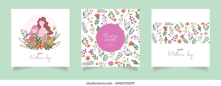 Set of Happy Mother's Day greeting cards with beautiful colorful flowers. Editable vector template for greeting card, poster, banner, invitation, social media post. 