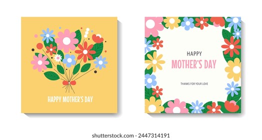 Set of Happy Mother's Day greeting cards with beautiful colorful flowers. Editable vector template for greeting card, poster, banner, invitation, social media post. 