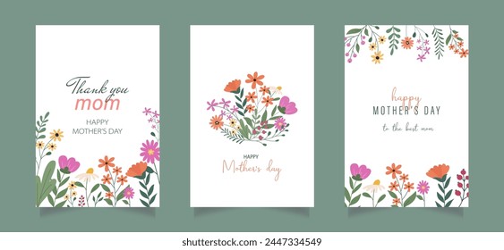 Set of Happy Mother's Day greeting cards with beautiful colorful flowers. Editable vector template for greeting card, poster, banner, invitation, social media post.	