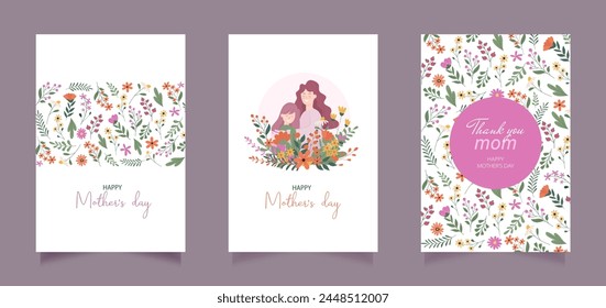 Set of Happy Mother's Day greeting cards with beautiful colorful flowers. Editable vector template for greeting card, poster, banner, invitation, social media post.	