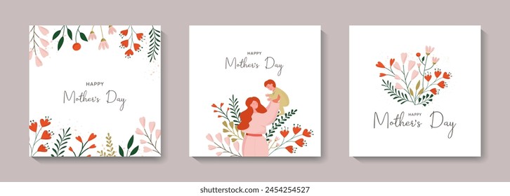 Conjunto de tarjetas de felicitación del día de la madre feliz con hermosas flores de colores y mujer sosteniendo a un bebé. Plantilla de Vector editable para tarjeta de felicitación, cartel, Anuncio, invitación, publicación en redes sociales.	