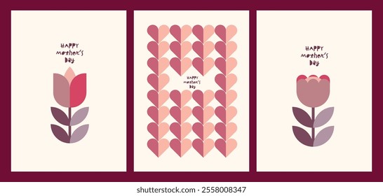 A set of Happy Mother's Day greeting card designs in flat geometric style, a mother with her child, flowers, and abstract geometric shapes