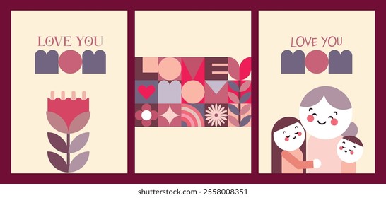 A set of Happy Mother's Day greeting card designs in flat geometric style, a mother with her child, flowers, and abstract geometric shapes