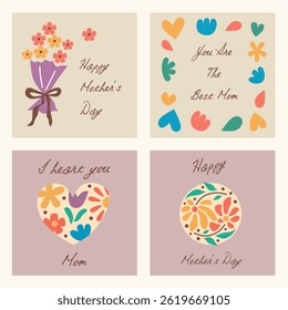 Set of Happy Mother's day greeting card with shaped blossom flowers, abstract floral on soft background. Creative spring card template with typography text. Happy Women's Day illustration banner.