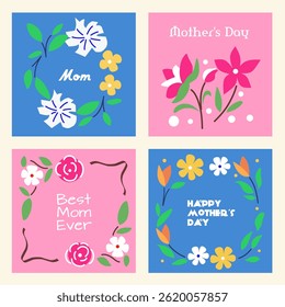 Set of Happy Mother's day greeting card with blossom flowers, abstract floral on pink and blue background. Creative spring template with typography text. Happy Women's Day illustration banner.