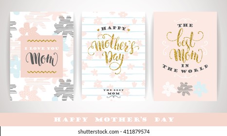 Set of Happy Mothers Day greeting cards with Flowers. Vector illustration.