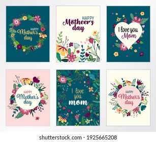 Set Happy Mothers Day lettering greeting cards and Flowers  Vector illustration 